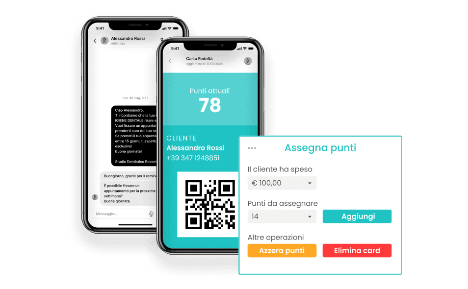Smartphone con la fidelity card digitale e il pannello Assegna punti