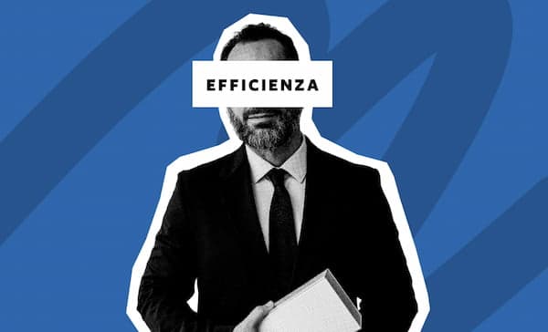 Uomo in giacca e cravatta con la scritta EFFICIENZA sugli occhi
